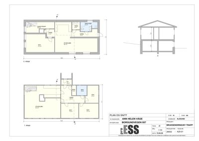 Plantegning som viser romfordeling for 1. etasje og U. etasje, samt et snitt (A-A) av bygningen.