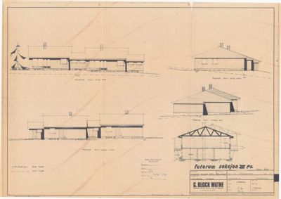 Bildet viser en tegning med flere utsnitt av en bygning, inkludert et tverrsnitt (seksjon) som viser takkonstruksjonen og et oppriss av fasaden.