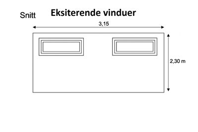 Snittegning som viser plassering og dimensjoner av eksisterende vinduer i en vegg.