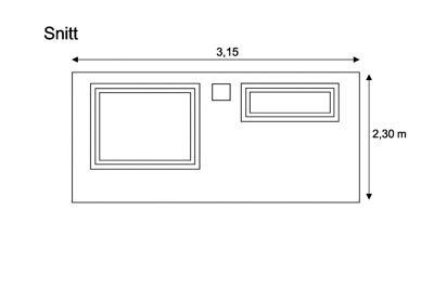 Snittegning som viser tverrsnitt av en bygning eller rom med mål.