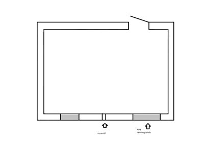Et etasjeplan som viser romfordeling, vindu og dører.