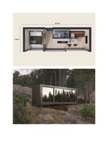 Bildet viser en 3D-visualisering av en hytte i skogen, samt en oversiktsplan over innvendig romfordeling.