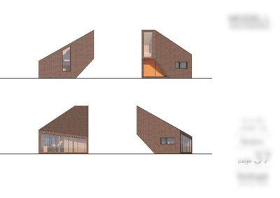 Fasadetegning (opprikk) av en bygning med skrå tak, vist fra fire ulike vinkler.