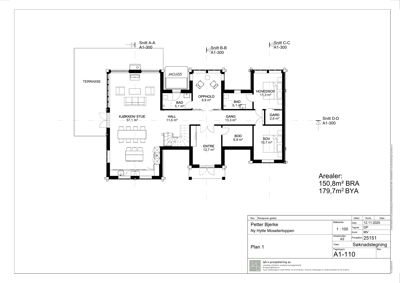 Etasjeplan (Plan 1) som viser romfordeling, arealer og snittreferanser for en hytte.