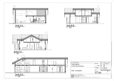 Bildet viser fire snittegninger (Snitt A-A, B-B, C-C, D-D) av en hytte, som illustrerer bygningens indre struktur og romfordeling.