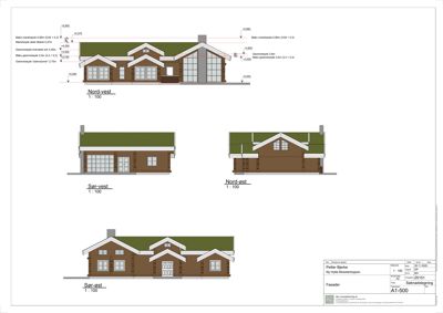 Fasadetegning som viser bygningens utseende fra fire ulike sider (Nord-vest, Sør-vest, Nord-øst, Sør-øst) med mål og høydeangivelser.