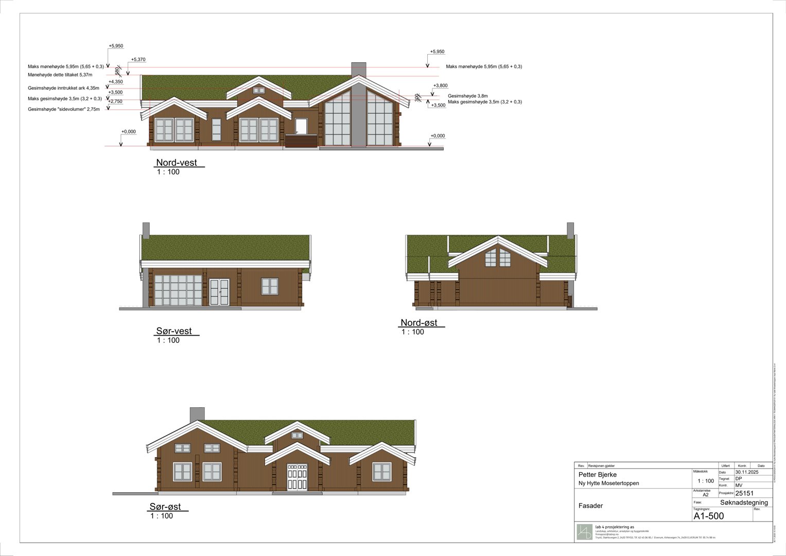 Fasadetegning som viser bygningens utseende fra fire sider (Nord-vest, Sør-vest, Nord-øst, Sør-øst) med høydeangivelser.