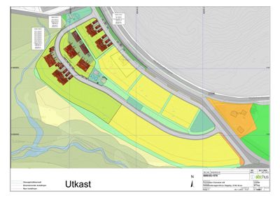 Situasjonsplan som viser tomtedeling, eksisterende og nye bebyggelseskonturer, samt infrastruktur langs Hadelandvegen.