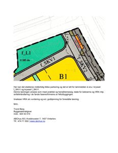 Situasjonsplan som viser tomtedeling, veisystem (f_SKV1, f_SKV2) og parkeringsområder (f_L1).