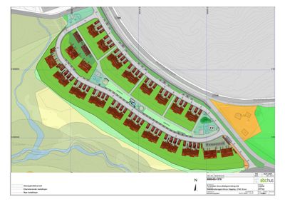 Situasjonsplan som viser plassering av nye boliger (røde blokker) i forhold til eksisterende terreng, vannløp og infrastruktur.