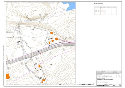 Situasjonsplan som viser topografi (høydekurver), eiendomsgrenser, veier og plassering av bygninger i forhold til omgivelsene.