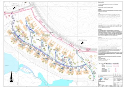Kart over et område med bygningsplasseringer, vannledningsnett og teknisk informasjon.