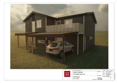 3D-visualisering (rendering) av en planlagt bolig med bilplass og balkong.