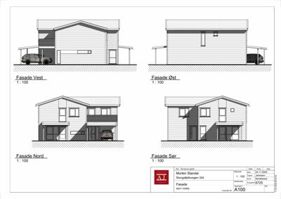 Fasadetegning som viser bygningens utseende fra fire sider (Vest, Øst, Nord, Sør) med skisse over vinduer, dører og takform.
