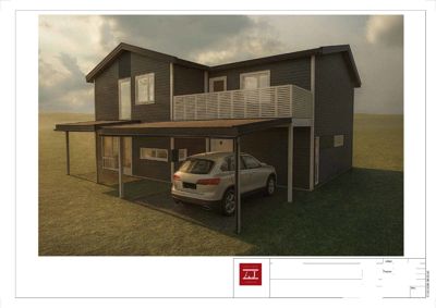 3D-visualisering (rendering) av en planlagt bolig med bilplass og balkong.