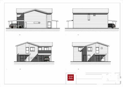 Fasadetegning som viser bygningens utseende fra fire sider (Vest, Øst, Nord, Sør) med skisse over vinduer, dører og takform.