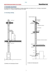 Monteringsanvisning for skorsteinsløsninger med detaljerte oppriss av konstruksjonen gjennom ulike etasjer.