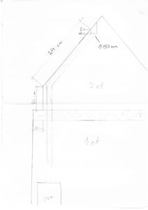 Snittegning som viser tverrsnitt gjennom bygningen med oppgitt høyder (1 etasje, 2 etasje), takkonstruksjon og dimensjoner.