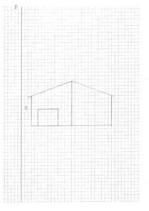 En håndtegnet fasade (opprikk) av en bygning sett fra fronten, med et skråtak og en dør.