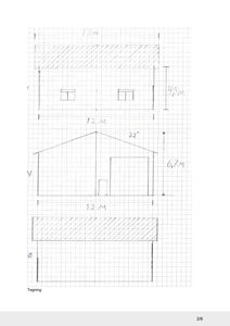 En håndtegnet fasadetegning (opprikk) av en bygning med angitte mål og vinkler.