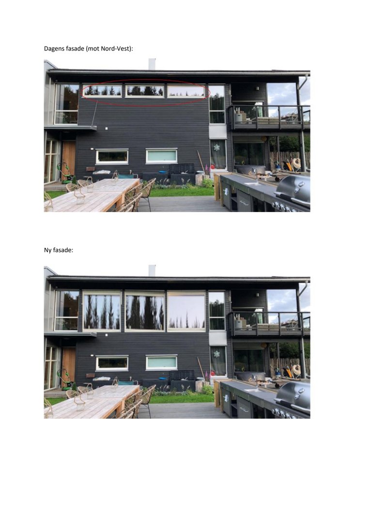 To bilder som viser en fasade før og etter endringer (nytt vindu).