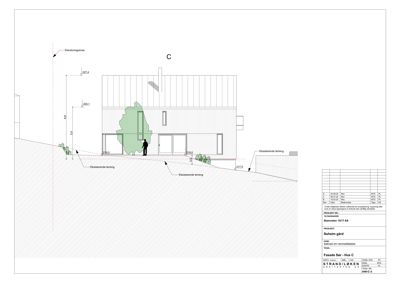 Snittegning som viser bygningens tverrsnitt, høyder, terrengforhold og fasadeoppsett.