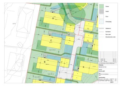 Situasjonsplan som viser tomtedeling, arealbruk (gress, asfalt, grus, sneopplag) og plassering av nye og eksisterende boliger.