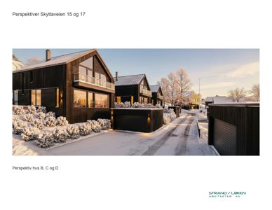 3D-visualisering (perspektivtegning) av et boligprosjekt i snø. Bildet viser fasade og omgivelser for å illustrere arkitektonisk utforming.