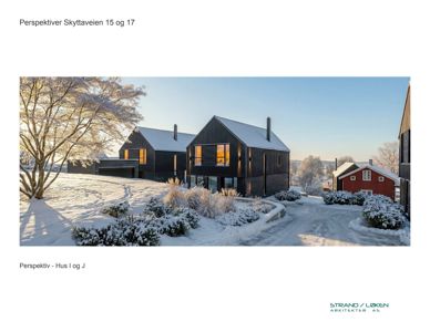 3D-visualisering (perspektivtegning) av to hus i snø, med tekst 'Perspektiver Skyttaveien 15 og 17' og 'Perspektiv - Hus I og J'.