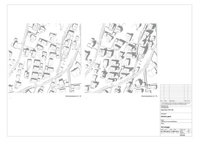 Situasjonsplaner som viser sol-skyggeanalyse for to ulike tidspunkt (Sommersolverv kl. 12 og 15).