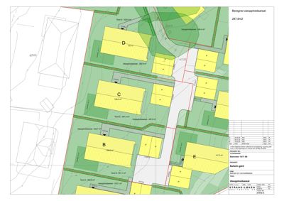 Situasjonsplan som viser tomtedeling, plassering av bygninger (A-F) og beregnet uteoppholdsareal.