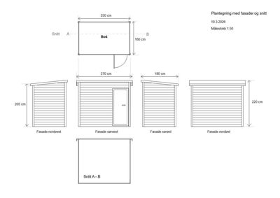 Fasade- og snittegning for en bod, som viser oppriss av alle fire sider (fasader) og et snitt (A-B) med mål.