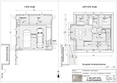 Etasjeplaner for 1. etasje og loftsetasje med romfordeling og mål.
