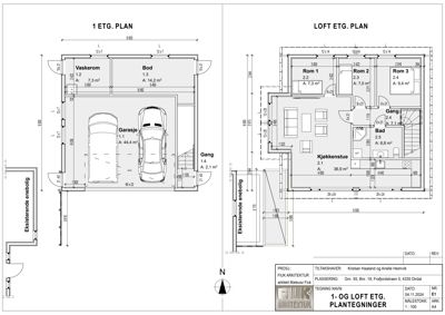 Etasjeplaner for 1. etasje og loftsetasje med romfordeling og mål.