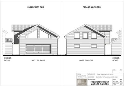 Fasadetegning som viser oppriss av bygningen sett fra sør og nord, med angivelse av eksisterende og nytt tilbygg.