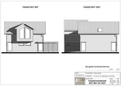 Fasadetegning som viser bygningens utseende fra øst og vest.