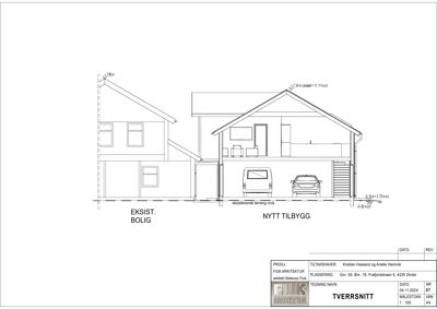 Tverrsnitttegning som viser bygningens tverrsnitt med eksisterende bolig og nytt tilbygg.