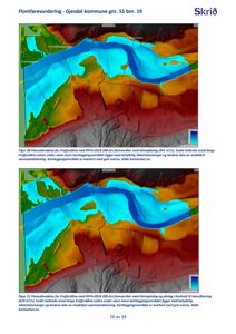 Flomkart som viser flombredde og vannstandshøye for et område (Frajordåna) under ulike scenarier.