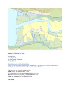 Et oversiktskart over et område med vannveier, terreng og bygningsplasseringer.