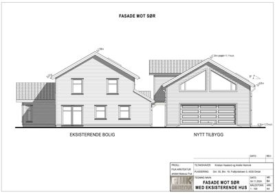 Fasadetegning som viser opprisset av en eksisterende bolig og et nytt tilbygg sett fra sør.