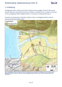 Et kart over et kartleggingsområde i Gjesdal kommune, med topografi og bygningsplassering.