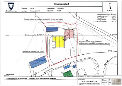 Situasjonsplan som viser eiendomsområde, eksisterende og planlagt bygninger med arealopplysninger.