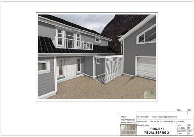 3D-visualisering av et hus med grå fasade, hvite vinduer og en mørk takflate, sett fra et lavt vinkel.