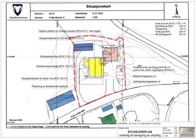 Situasjonsplan som viser eiendomsgrenser, eksisterende og planlagt bebyggelse, samt arealoppsummering for Frafjordstua 5.