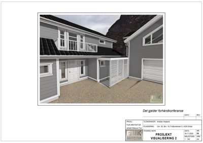 3D-visualisering av et hus med fasade og omgivelser