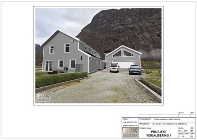 3D-visualisering av et hus og garasjeanlegg med bil, plassert i en fjellomgivelser.