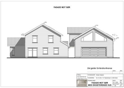 Fasadetegning som viser bygningens utseende sett fra sør, inkludert vinduer, takform og tilstøtende hus.