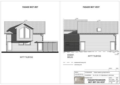 Fasadetegning som viser bygningens utseende sett fra øst og vest, inkludert detaljer om nytt tilbygg.