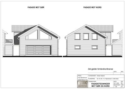 Bildet viser fasadetegninger for en bygning, spesifikt fasade mot sør og fasade mot nord.