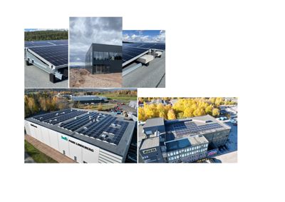 En collage av fem fotografier som viser en bygning under oppføring eller ferdigstilt med solcellepaneler på taket. Bildene inkluderer nærbilder av panelene, fasaden og luftfotografier av hele anlegget.